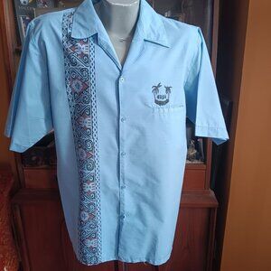 XL Vintage Hawaiian Shirt Fiji Tribal Graphic Beach Summer 1980's Baby Blue